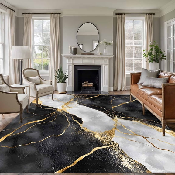 Non-Slip Rug Pad Rugs Black Grey Gold Marble Texture Rectangle Area Rugs 6x9Ft Soft Carpet Pads for Living Room Kids Room, Luxury Pattern Flow Stone