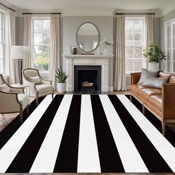 Non-Slip Rug Pad Rugs Black White Horizontal Stripe Rectangle Area Rugs 6x9Ft Soft Carpet Pads for Living Room Kids Room, Simple Texture