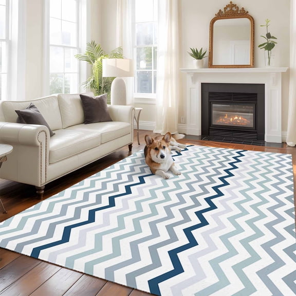 Non-Slip Rug Pad Rugs Blue Gray Chevron Modern Geometric Art Rectangle Area Rugs 5x7Ft Soft Carpet Pads for Living Room Kids Room, Zig Zag Lines