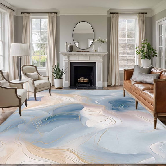 Non-Slip Rug Pad Rugs Blue Marble Abstract Geometric Rectangle Area Rugs 5x7Ft Soft Carpet Pads for Living Room Kids Room, Ripple Gold Stripe Gradient