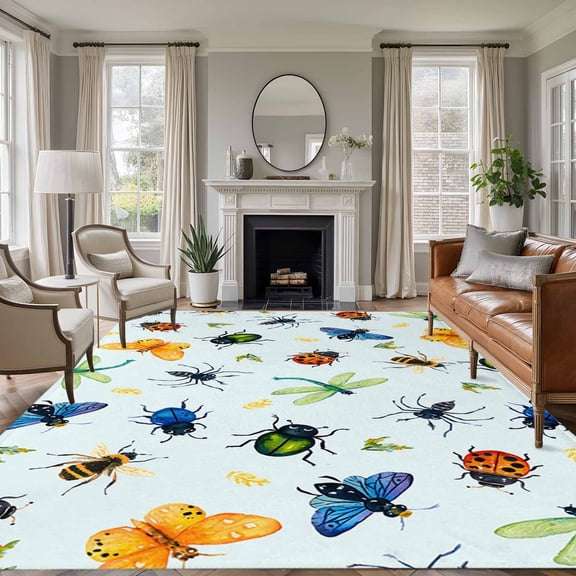 Non-Slip Rug Pad Rugs Butterfly Dragonfly Spiders Ladybirds Rectangle Area Rugs 5x7Ft Soft Carpet Pads for Living Room Kids Room, Natural Insects Seamless