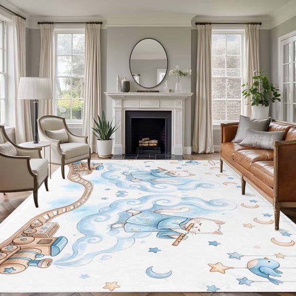 Non-Slip Rug Pad Rugs Cartoon Cats Stars Clouds Rail Orbiting Rectangle Area Rugs 5x7Ft Soft Carpet Pads for Living Room Kids Room, Blue Birds Moon