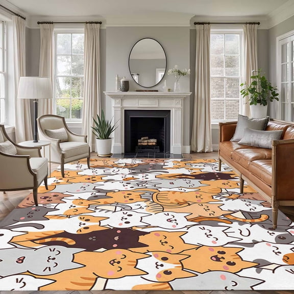 Non-Slip Rug Pad Rugs Cartoon Cute Kitty Rectangle Area Rugs 9x12Ft Soft Carpet Pads for Living Room Kids Room, Modern Funny Pet Cat
