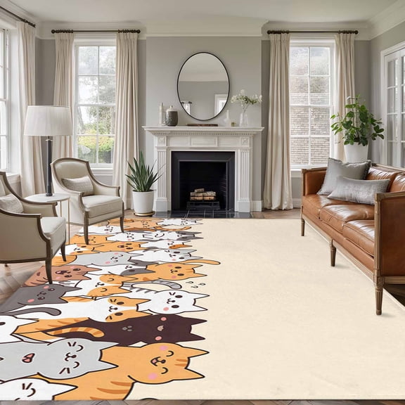 Non-Slip Rug Pad Rugs Cartoon Pet Cat Rectangle Area Rugs 5x7Ft Soft Carpet Pads for Living Room Kids Room, Funny Cute Kitty