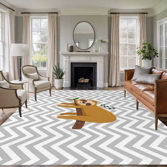 Non-Slip Rug Pad Rugs Cartoon Sloth Tree Branch Rectangle Area Rugs 9x12Ft Soft Carpet Pads for Living Room Kids Room, Gray Chevron Stripe Animal