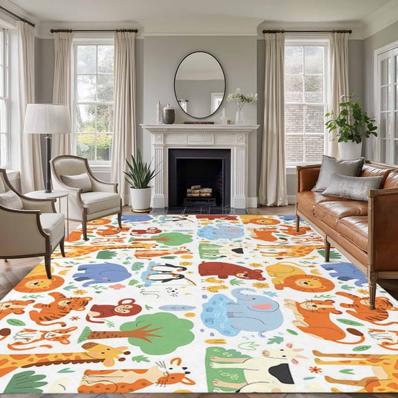 Non-Slip Rug Pad Rugs Cartoon Watercolor Zoo Animals Rectangle Area Rugs 9x12Ft Soft Carpet Pads for Living Room Kids Room, Cute Lion Tiger Monkey Bear