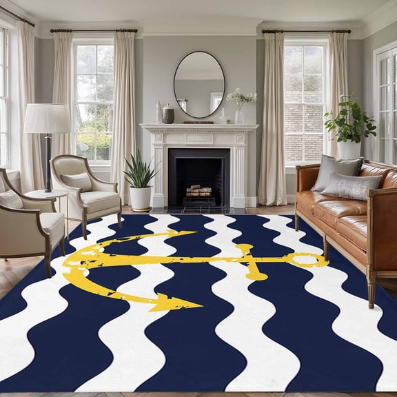 Non-Slip Rug Pad Rugs Chic Nautical Anchor on Navy Blue White Sripes Rectangle Area Rugs 9x12Ft Soft Carpet Pads for Living Room Kids Room, Chevron Zig Zag