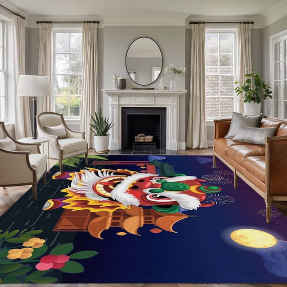 Non-Slip Rug Pad Rugs Chinese Wind Lion Dance Rectangle Area Rugs 5x7Ft Soft Carpet Pads for Living Room Kids Room, New Year Painting
