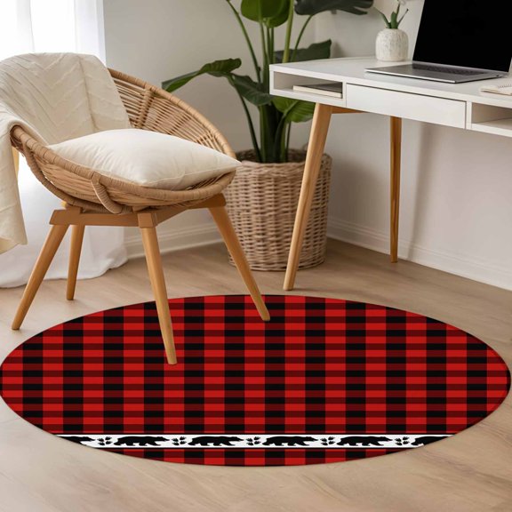 Non-Slip Rug Pad Rugs Christmas Red Black Buffalo Checker Round Area Rugs 4Ft Soft Carpet Pads for Living Room Kids Room, Bear Shadow Animal Footprints