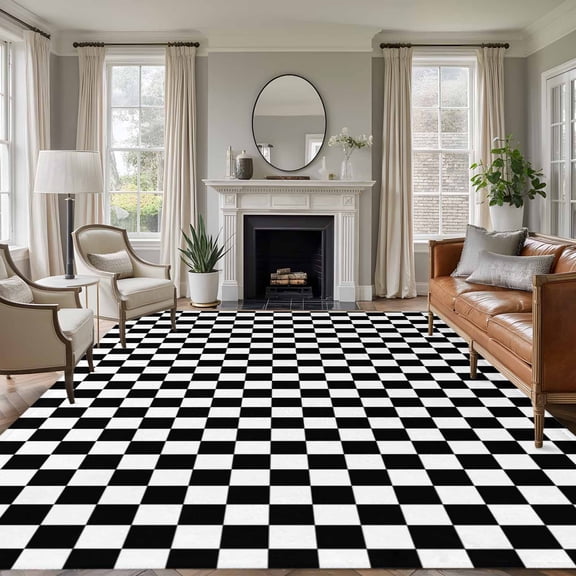 Non-Slip Rug Pad Rugs Classic Black White Plaid Rectangle Area Rugs 5x7Ft Soft Carpet Pads for Living Room Kids Room, Chess Board Theme Background