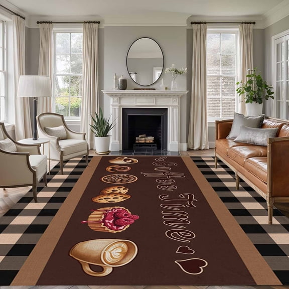 Non-Slip Rug Pad Rugs Coffee Time Text Theme Rectangle Area Rugs 5x7Ft Soft Carpet Pads for Living Room Kids Room, Farmhouse Brown Buffalo Plaid
