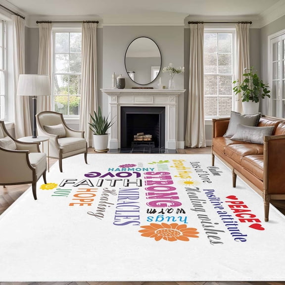 Non-Slip Rug Pad Rugs Colorful Inspirational Quotes with Love Heart Rectangle Area Rugs 9x12Ft Soft Carpet Pads for Living Room Kids Room, White