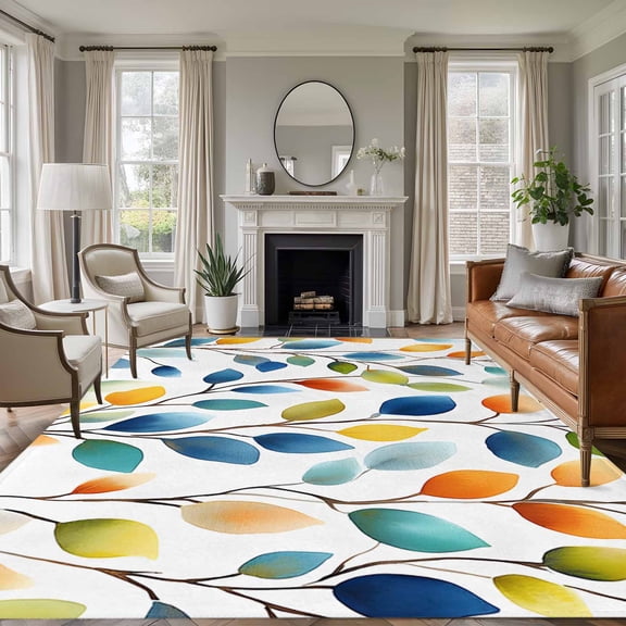 Non-Slip Rug Pad Rugs Colorful Leaves Spring Plants Rectangle Area Rugs 9x12Ft Soft Carpet Pads for Living Room Kids Room, Blue Green Gradient