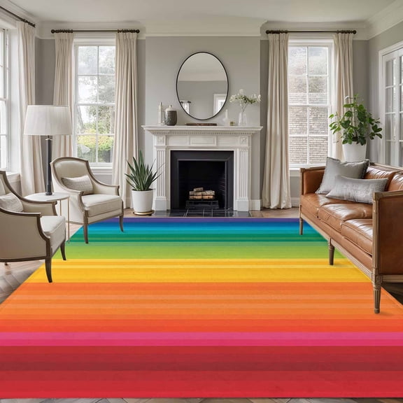 Non-Slip Rug Pad Rugs Colorful Stripes Rainbow Rectangle Area Rugs 5x7Ft Soft Carpet Pads for Living Room Kids Room, Watercolor Line Minimalist Geometric