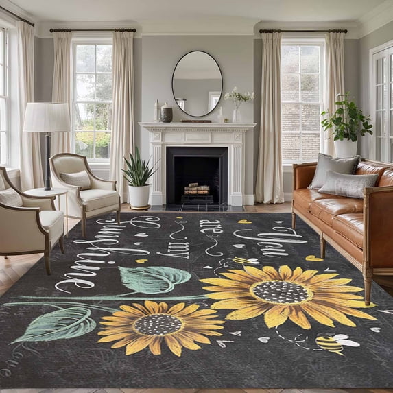 Non-Slip Rug Pad Rugs Country Sunflower Plant Sunshine Quote Rectangle Area Rugs 5x7Ft Soft Carpet Pads for Living Room Kids Room, Vintage Gray