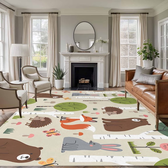 Non-Slip Rug Pad Rugs Cute Bear Hedgehog Fox Rectangle Area Rugs 5x7Ft Soft Carpet Pads for Living Room Kids Room, Cartoon Tree Wild Flower