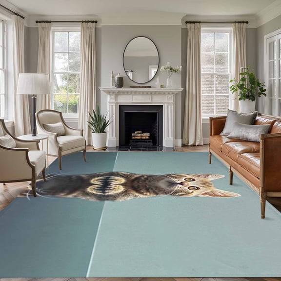 Non-Slip Rug Pad Rugs Cute Brown Cat on Blue Rectangle Area Rugs 9x12Ft Soft Carpet Pads for Living Room Kids Room, Animal Focus
