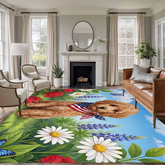 Non-Slip Rug Pad Rugs Cute Dog USA Flag Scarf Rectangle Area Rugs 5x7Ft Soft Carpet Pads for Living Room Kids Room, Farm Red White Purple Flowers