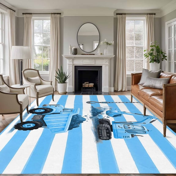 Non-Slip Rug Pad Rugs Cute Ground Truck Excavator Rectangle Area Rugs 5x7Ft Soft Carpet Pads for Living Room Kids Room, Blue White Striped