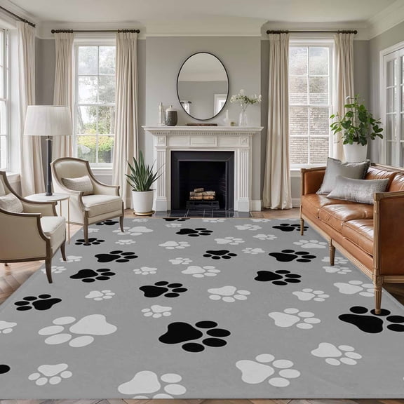 Non-Slip Rug Pad Rugs Dog Paw Print Black Gray Rectangle Area Rugs 5x7Ft Soft Carpet Pads for Living Room Kids Room, Animal Footprint Pattern