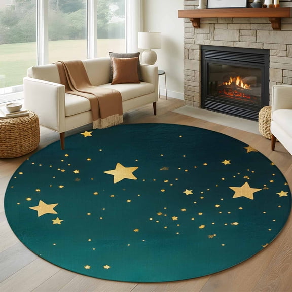 Non-Slip Rug Pad Rugs Dream Yellow Star on Teal Blue Round Area Rugs 8Ft Soft Carpet Pads for Living Room Kids Room, Night Starry Sky