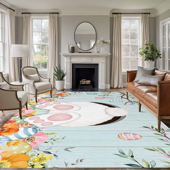 Non-Slip Rug Pad Rugs Easter Rabbit Colorful Egg Rectangle Area Rugs 5x7Ft Soft Carpet Pads for Living Room Kids Room, Pastoral Flower Teal Wood Board