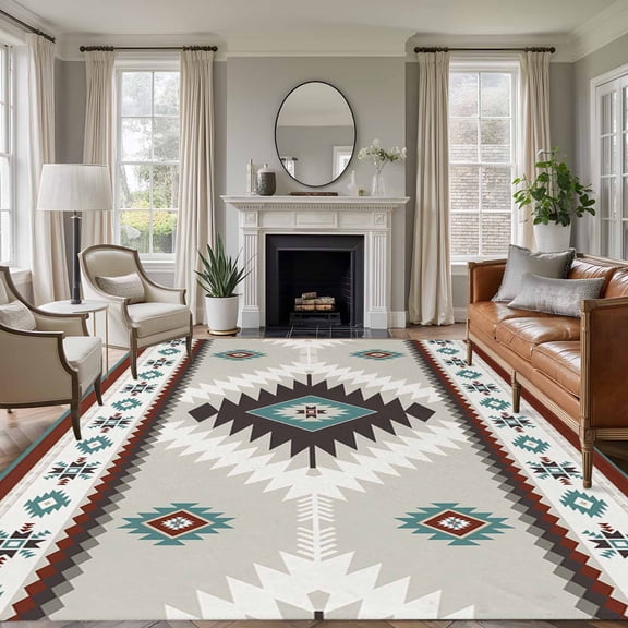 Non-Slip Rug Pad Rugs Ethnic Tribal Geometric Pattern Rectangle Area Rugs 5x7Ft Soft Carpet Pads for Living Room Kids Room, Aztec Boho Native Texture