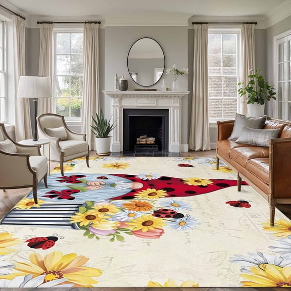 Non-Slip Rug Pad Rugs Farm Gnome Daisy Floral Rectangle Area Rugs 9x12Ft Soft Carpet Pads for Living Room Kids Room, Yellow Beige