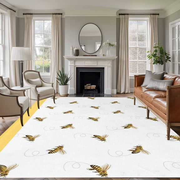 Non-Slip Rug Pad Rugs Farm Honey Bee Swirling Yellow Rectangle Area Rugs 5x7Ft Soft Carpet Pads for Living Room Kids Room, Rustic Seamless Insects