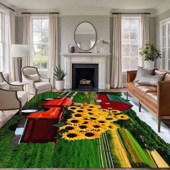 Non-Slip Rug Pad Rugs Farm Sunflower on Red Truck Rectangle Area Rugs 5x7Ft Soft Carpet Pads for Living Room Kids Room, Watercolor Barn Field