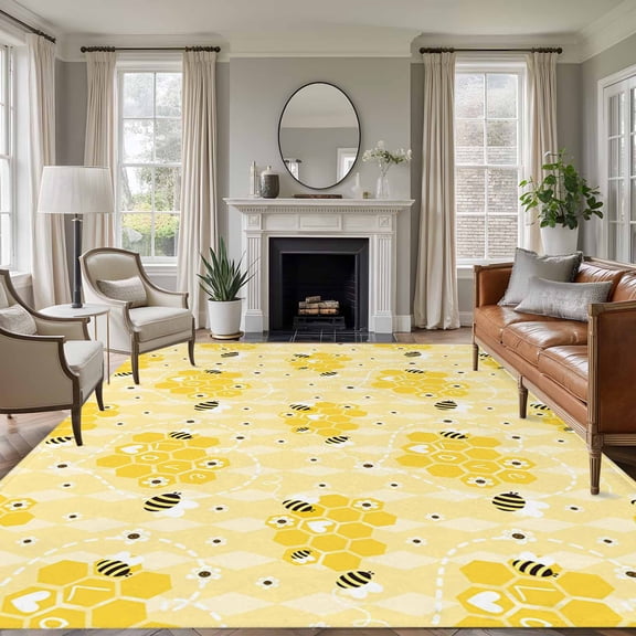 Non-Slip Rug Pad Rugs Farm Yellow Bee Honeycomb Rectangle Area Rugs 5x7Ft Soft Carpet Pads for Living Room Kids Room, Geometric Floral Love Heart