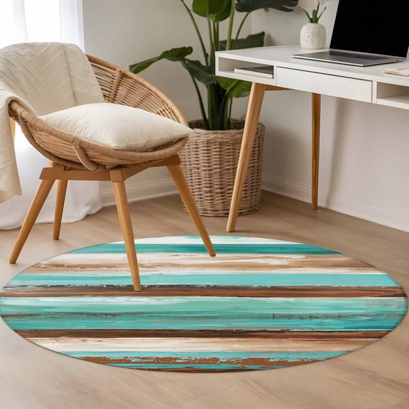 Non-Slip Rug Pad Rugs Farmhouse Abstract Teal Brown Wooden Grain Round Area Rugs 4Ft Soft Carpet Pads for Living Room Kids Room, Watercolor Style
