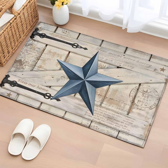 Non-Slip Rug Pad Rugs Farmhouse Country Star Wood Board Rectangle Area Rugs 2x3Ft Soft Carpet Pads for Living Room Kids Room, Blue Stars Wooden