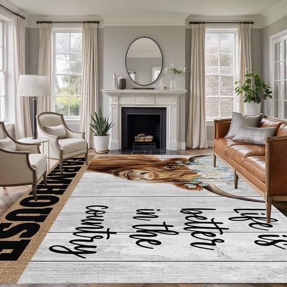 Non-Slip Rug Pad Rugs Farmhouse Flower Cow Rectangle Area Rugs 5x7Ft Soft Carpet Pads for Living Room Kids Room, Rustic Animal Floral Wood Plank