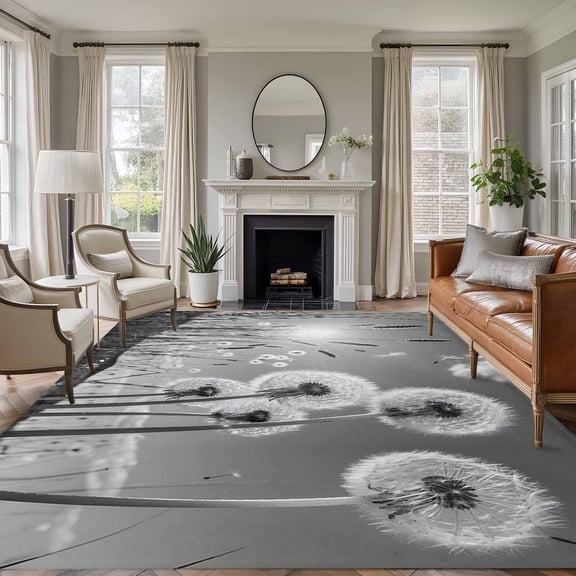 Non-Slip Rug Pad Rugs Farmhouse Grey Field Dandelion Rural Plant Rectangle Area Rugs 5x7Ft Soft Carpet Pads for Living Room Kids Room, Idyllic Botanical
