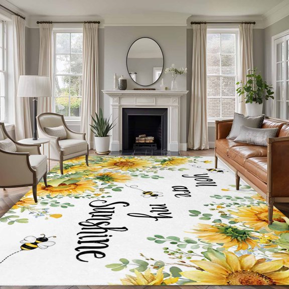 Non-Slip Rug Pad Rugs Farmhouse Sunflower Leaves Rectangle Area Rugs 5x7Ft Soft Carpet Pads for Living Room Kids Room, You Are Sunshine Quote