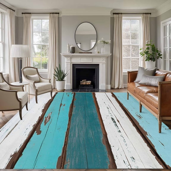 Non-Slip Rug Pad Rugs Farmhouse Wood Board Teal Gradient Rectangle Area Rugs 5x7Ft Soft Carpet Pads for Living Room Kids Room, Retro Barn Plank