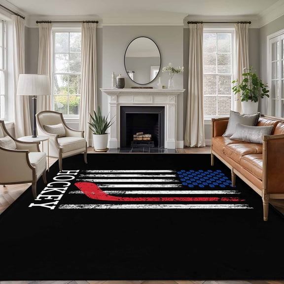 Non-Slip Rug Pad Rugs Firefighter American Flag Thin Red Line Rectangle Area Rugs 5x7Ft Soft Carpet Pads for Living Room Kids Room, Hockey Sport