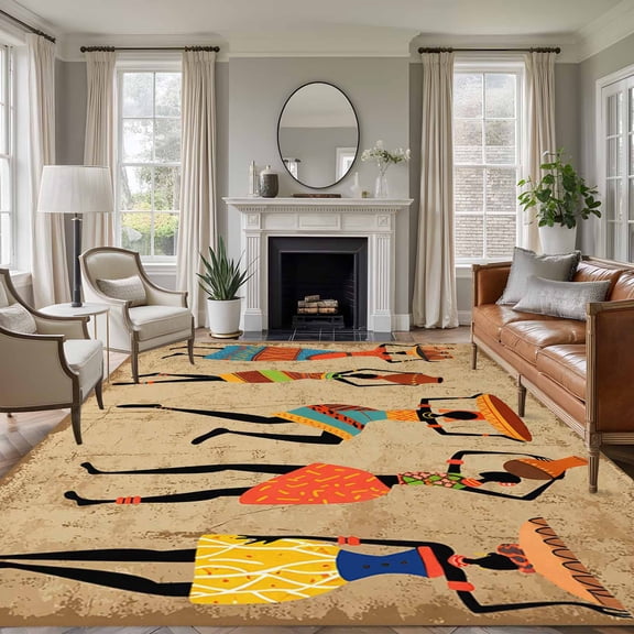 Non-Slip Rug Pad Rugs Folk African Women Dancing Rectangle Area Rugs 9x12Ft Soft Carpet Pads for Living Room Kids Room, Tribal Art on Retro Brown
