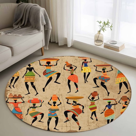 Non-Slip Rug Pad Rugs Folk African Women Dancing Round Area Rugs 3Ft Soft Carpet Pads for Living Room Kids Room, Tribal Art on Retro Brown