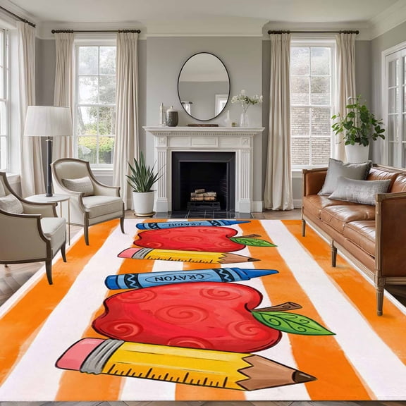 Non-Slip Rug Pad Rugs Fruit Apples Pencils Crayons Rectangle Area Rugs 5x7Ft Soft Carpet Pads for Living Room Kids Room, Orange Striped