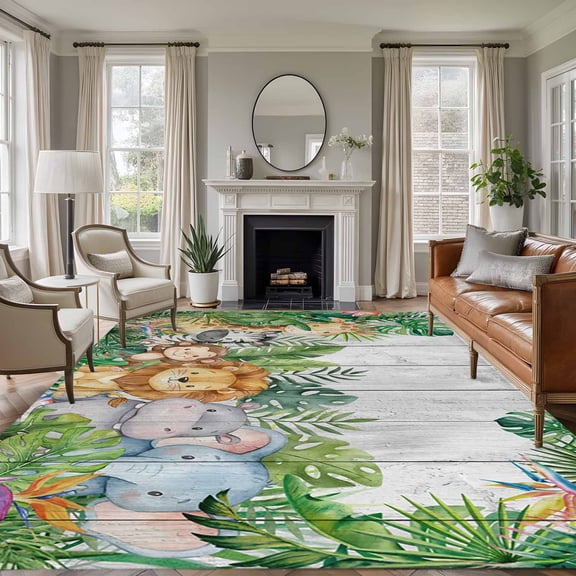 Non-Slip Rug Pad Rugs Giraffe Zebra Monkey Lion Rectangle Area Rugs 5x7Ft Soft Carpet Pads for Living Room Kids Room, Animal Theme Tropical Plant