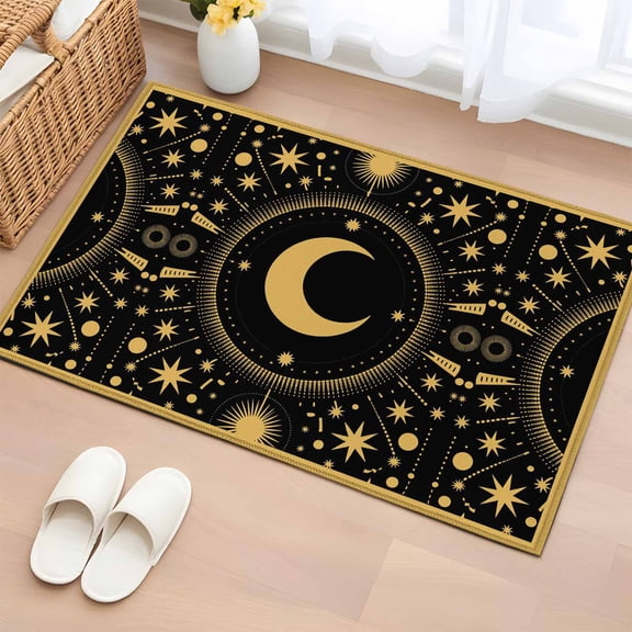 Non-Slip Rug Pad Rugs Gold Yellow Moon Star Rectangle Area Rugs 2x3Ft Soft Carpet Pads for Living Room Kids Room, Starry Night Polka Dot on Black