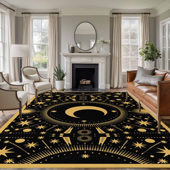 Non-Slip Rug Pad Rugs Gold Yellow Moon Star Rectangle Area Rugs 5x7Ft Soft Carpet Pads for Living Room Kids Room, Starry Night Polka Dot on Black