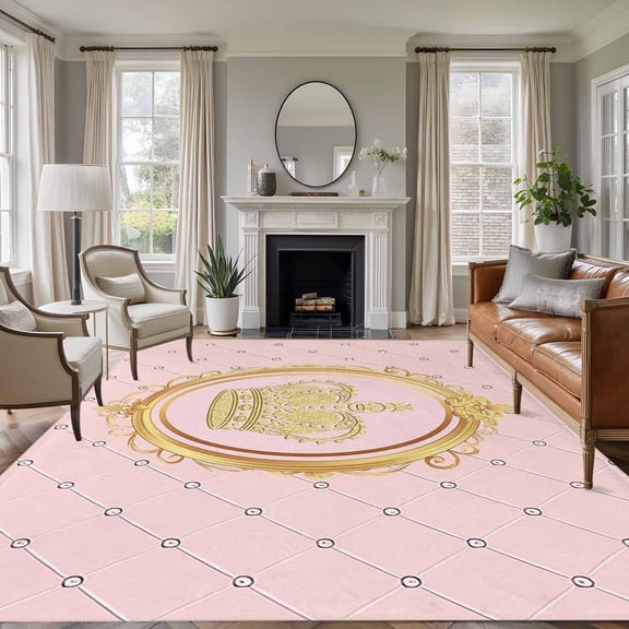 Non-Slip Rug Pad Rugs Golden Crown Queen Pink Lattice Rectangle Area Rugs 5x7Ft Soft Carpet Pads for Living Room Kids Room, White Dot