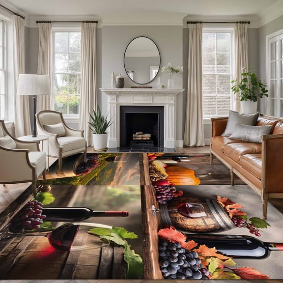 Non-Slip Rug Pad Rugs Grapes Wine Farm Barrel Rectangle Area Rugs 9x12Ft Soft Carpet Pads for Living Room Kids Room, Farmhouse Fruit Harvest
