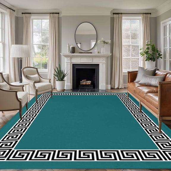 Non-Slip Rug Pad Rugs Greek Abstract Inspired Key Pattern Rectangle Area Rugs 5x8Ft Soft Carpet Pads for Living Room Kids Room, Twist Line on Teal