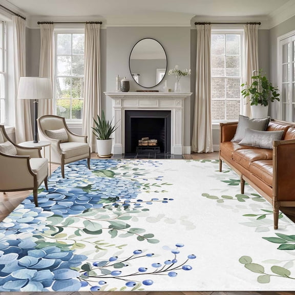 Non-Slip Rug Pad Rugs Green Eucalyptus Leaf Blue Hydrangea Rectangle Area Rugs 5x7Ft Soft Carpet Pads for Living Room Kids Room, Blossom Floral