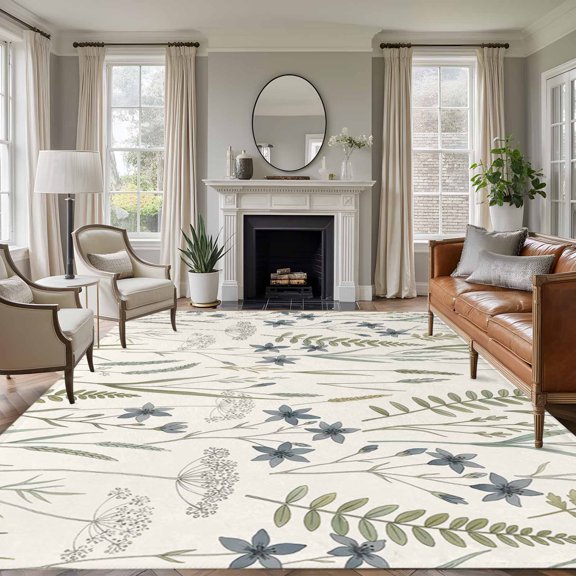 Non-Slip Rug Pad Rugs Green Ferns Wild Grasses on Beige Rectangle Area Rugs 5x7Ft Soft Carpet Pads for Living Room Kids Room, Spring Plants
