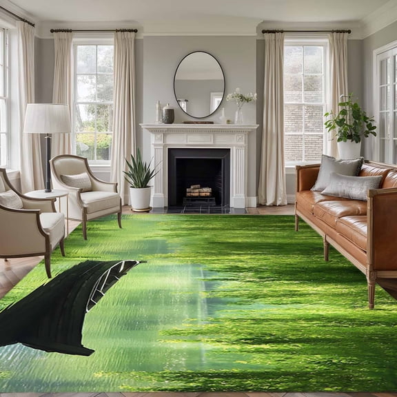 Non-Slip Rug Pad Rugs Green Leaves Boat Lake Rectangle Area Rugs 9x12Ft Soft Carpet Pads for Living Room Kids Room, Zan Natural Scenery
